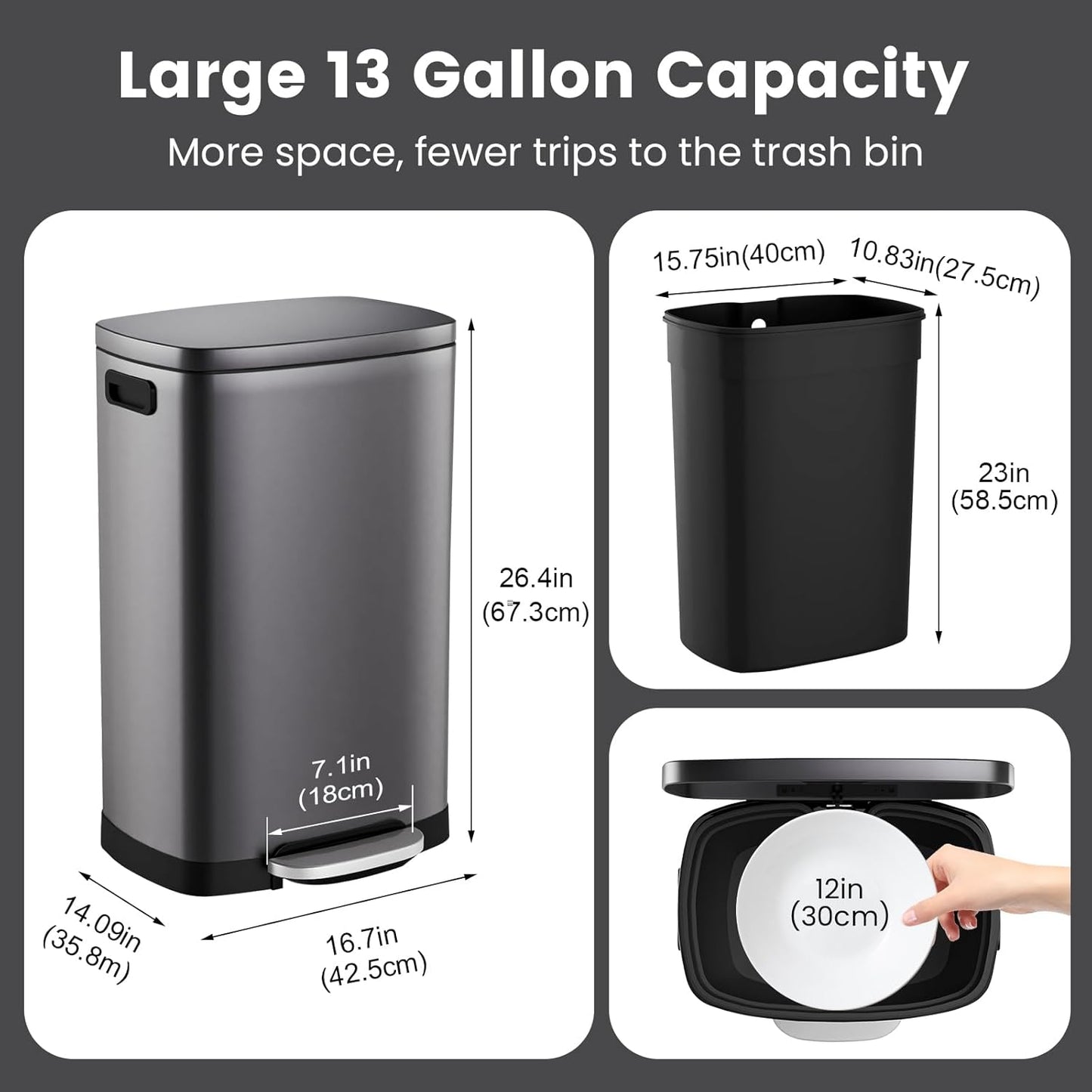 ELPHECO Kitchen Trash Can with Lid Soft Close, 13 Gallon / 50L Stainless Steel Pedal Garbage Can, Heavy-Duty Step Wastebasket with 20 Bags, Removable Bucket, Home Office, Titanium Black