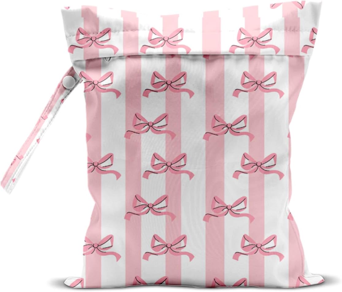 Wet Bag for Swimsuit, Beach Travel Essentials Wet Dry Bag, for Sunscreen Toiletry Dirty Clothes Yoga Gym Diaper, Friends Summer Beach Vacation Gifts. Pink bow stripes