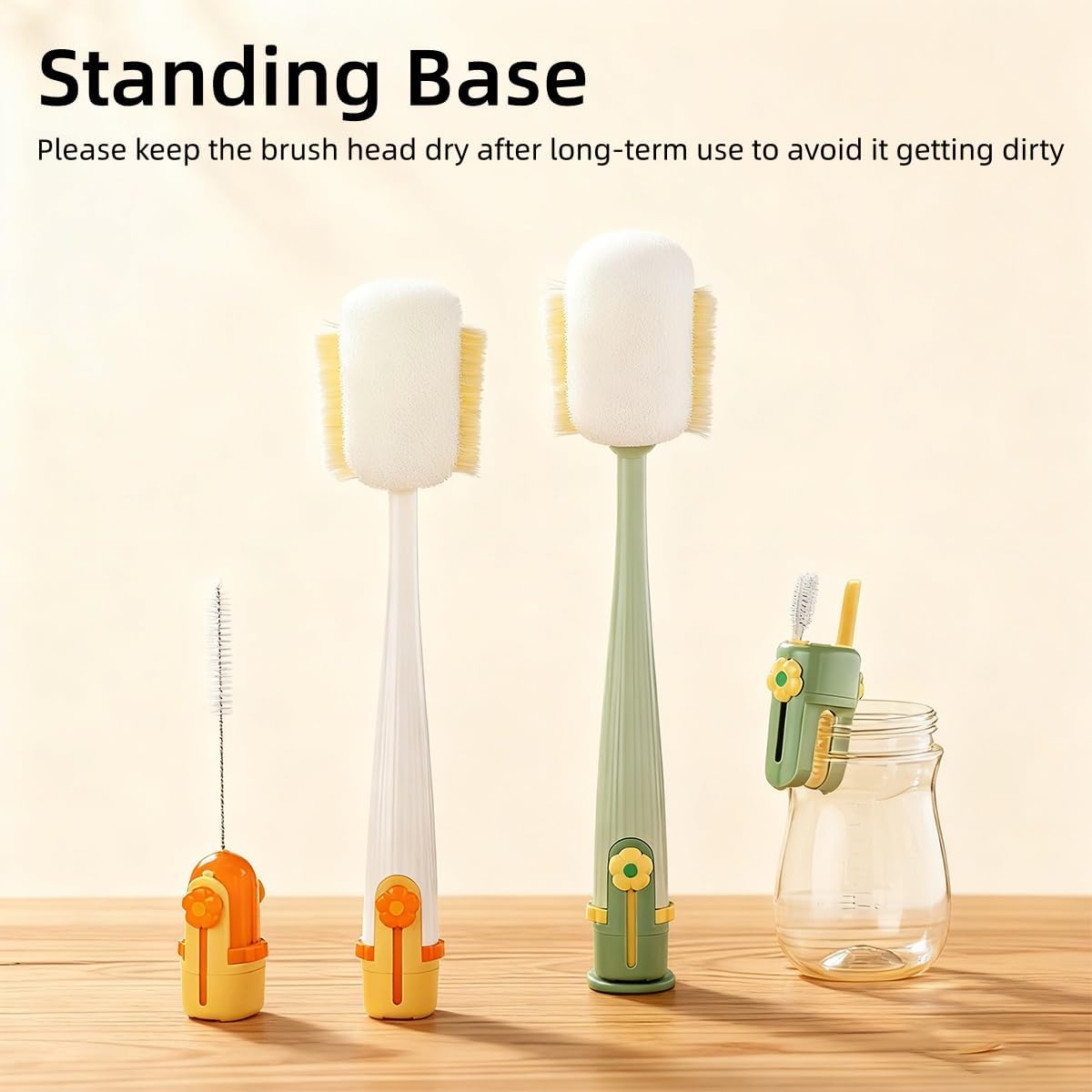 5 in 1 Bottle Cleaning Brush Set, Multifunctional Bottle Cleaning Brush Set, Water Bottle Cleaner Brush, Straw Cleaner Brush for Baby Bottles, 3 Replacement Sponge Brush Heads (Green)