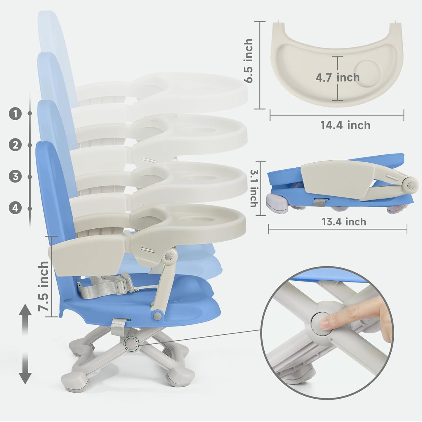 YOLEO Baby High Chair Booster Seat for Dining Table, Adjustable Height Travel Foldable High Chairs with Tray
