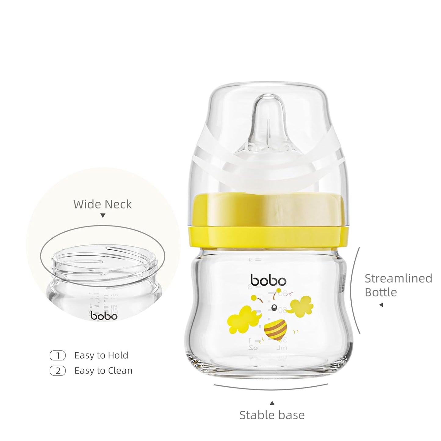 YOHKOH Glass Baby Bottles with Slow Flow Nipple, Newborn Anti-Colic Baby Bottles for 0+ Months, Wide Neck Feeding Bottle, Clear (Yellow, 2.7oz (Pack of 2))