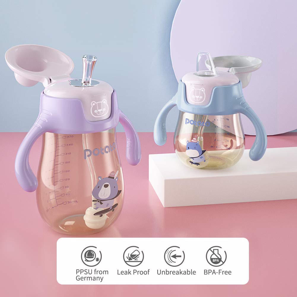 POTATO Sippy Cups For Toddlers with Straw Spill Proof, PPSU Learner Cup with Handle for Girl, Water Bottle for Baby 12 Months with 2 Type of Spout, 10 Ounce Pink