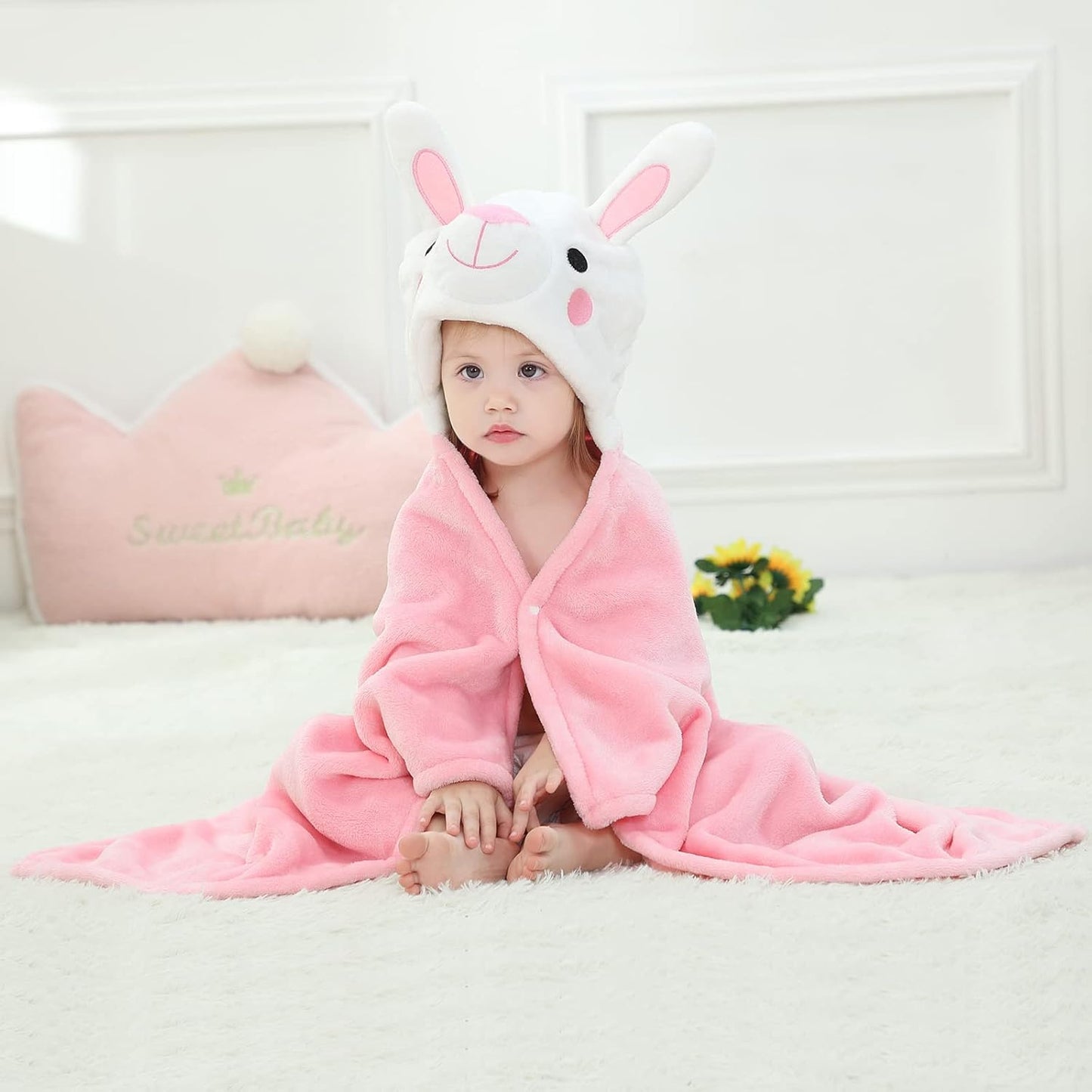 Wearable Blanket Hoodie for Kids Toddlers Hooded Towels Soft Cozy Flannel Wearable Throw Blanket Hoodie for Boys Girls Birthday Gifts (Rabbit 50 * 40)