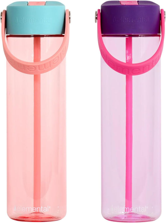 Elemental Splash Water Bottles - BPA-Free Tritan Plastic Reusable Water Bottle with Strap - Ideal for Gym and Sports Leak Proof when Spout is Closed - Cotton Candy & Berry Blast - 26oz (2 Pack)