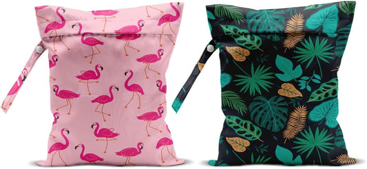 2Pcs Pink Flamingo Wet Bags 12x10 Inch, Green Leaves Waterproof Travel Laundry Bags, Reusable Wet Dry Bag for Swimsuit Pool Beach Diapers Dirty Yoga Gym Clothes, Flamingo Gifts for Women
