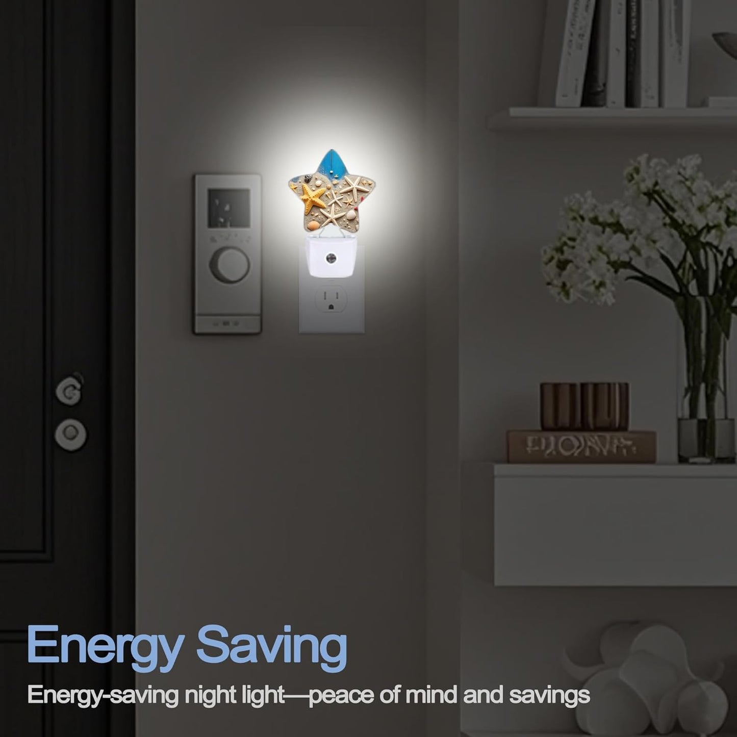 Coastal Seashell Starfish Night Lights Plug Into Wall,Blue Wooden Star Night Light for Kids,Nightlight with Dusk to Dawn Smart Sensor for Bedroom Bathroom Decor,Children Women Men Gift