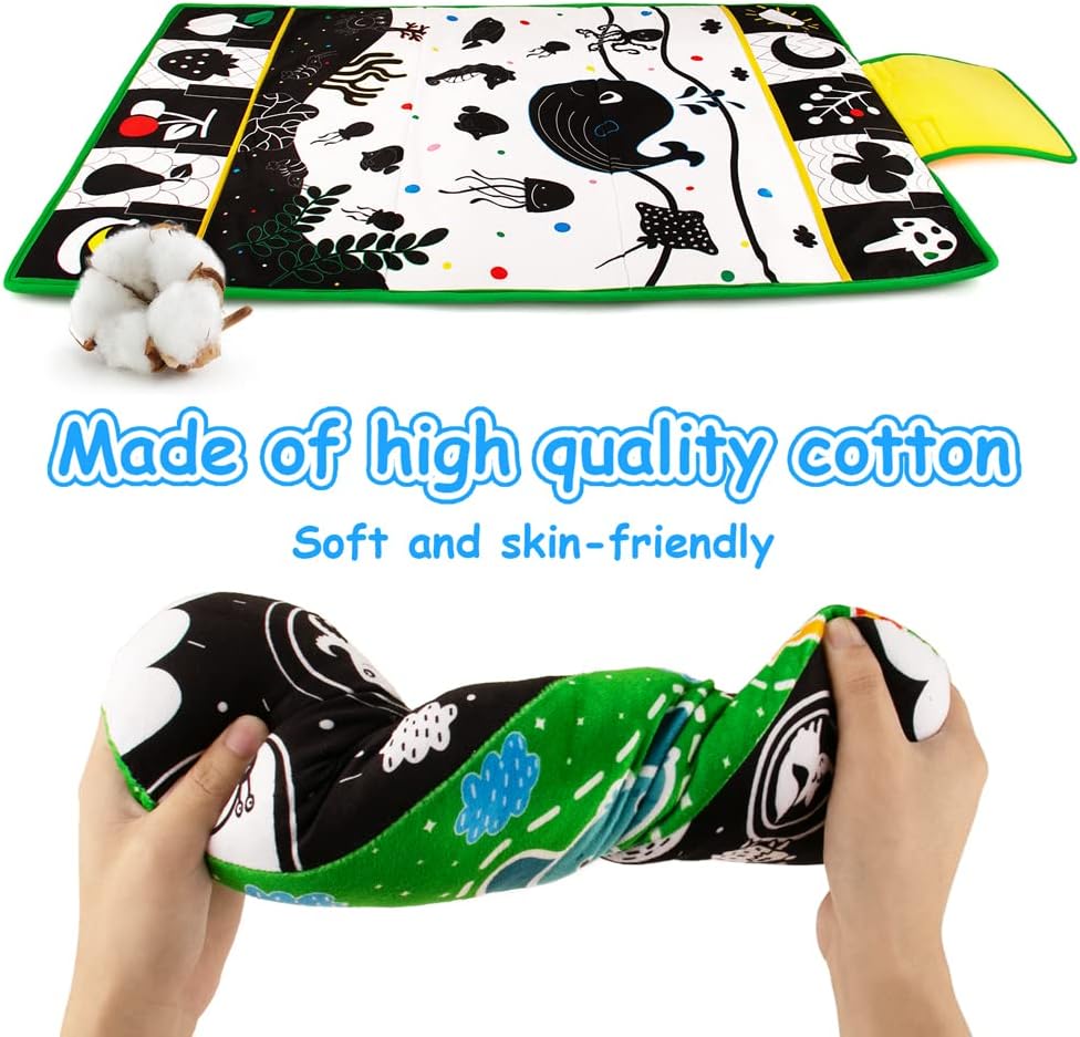 Tummy Time Mirror & Play Mat & Pillow 3-in-1, High Contrast Black and White Baby Toys, Activity Mat for Early Education, Newborn Infant Tummy Time Toy Set for 0 3 6 12 Month Crinkle/Squeake