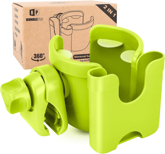 Universal Stroller Cup Holder with Mobile Phone Case, 2-in-1 Strollers Storage Rack, 360 Degrees Rotation Drink Holder for Bike, Pushchair, Wheelchair, Walker,Bicycle, Fits Most Cups (Green)