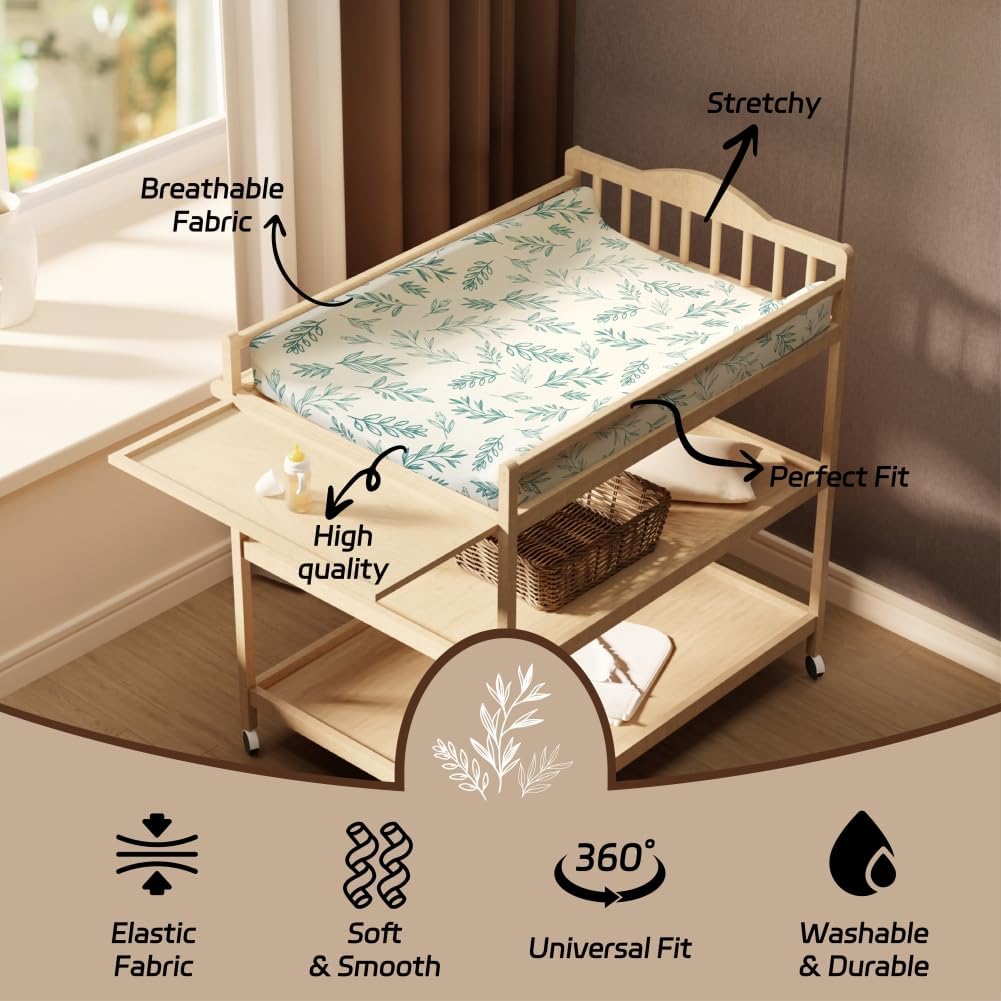 4 Pack Sage Green Fitted Nursery Sheets Breathable Neutral Unisex Baby Sheets for Boys or Girls with Leaf and Flower Design (Changing Pad Cover)