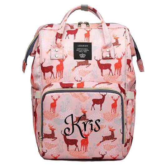 Personalized Large Diaper Bag Knapsack/Tote Bag/Backpack -Custom Monogram Embroidered for Infant/Baby Bag (Pink Deer 2)