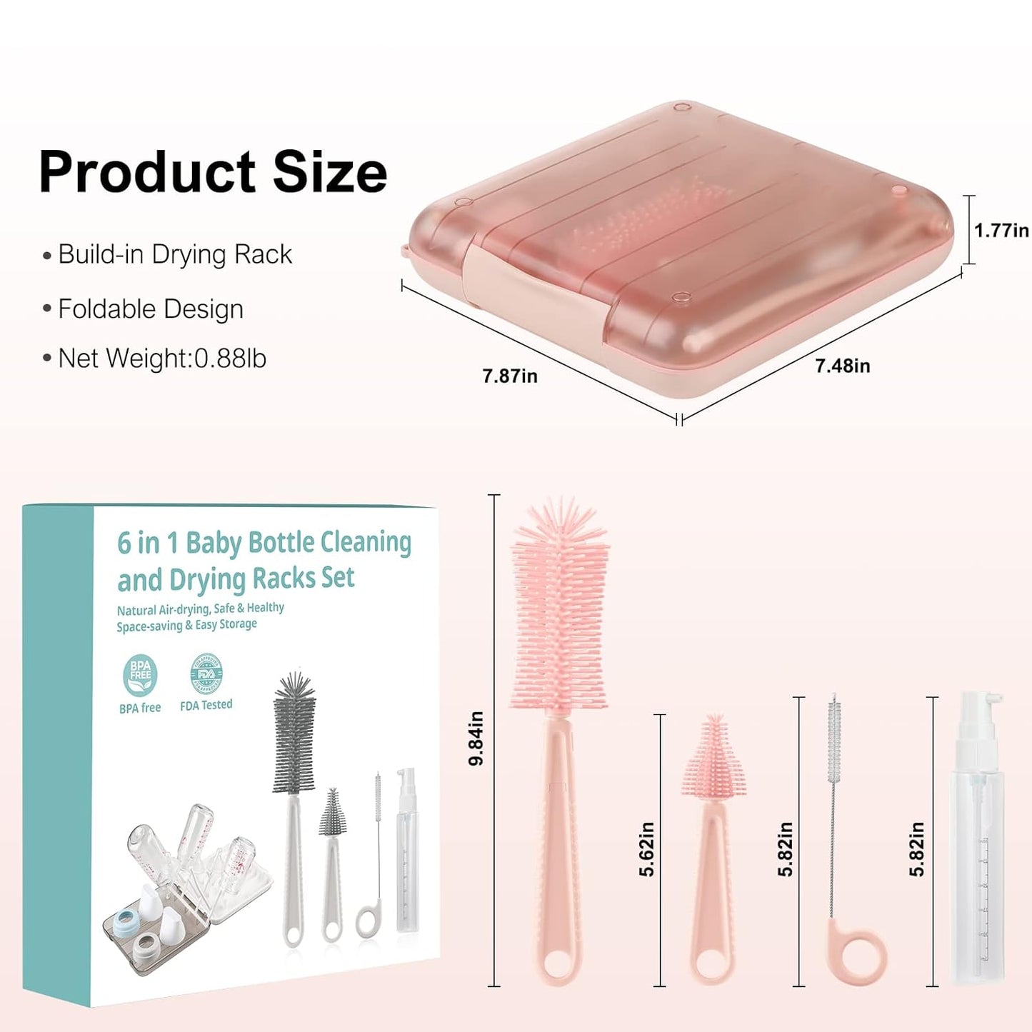 6 in 1 Baby Bottle Cleaner Set with Drying Rack,Silicone Baby Bottle Brush,Straw Brush,Nipple Brush,Soap Dispenser and Storage Box, Portable Baby Essentials for Home&Travel(Pink)