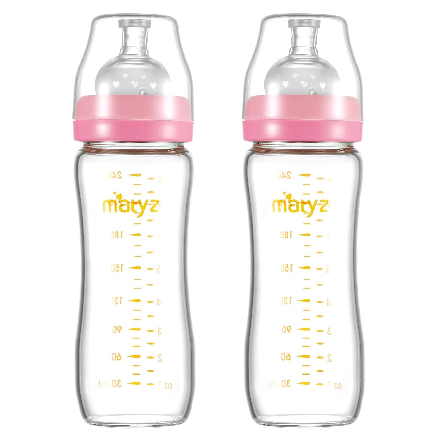 Matyz Glass Breastmilk Baby Feeding Bottle with Nipple, 2 Pack, 8 oz Slim and Light Bottle Easy to Hold, Food Grade Borosilicate Glass, Wide Neck Easy to Clean, No BPA (Pink Lids)
