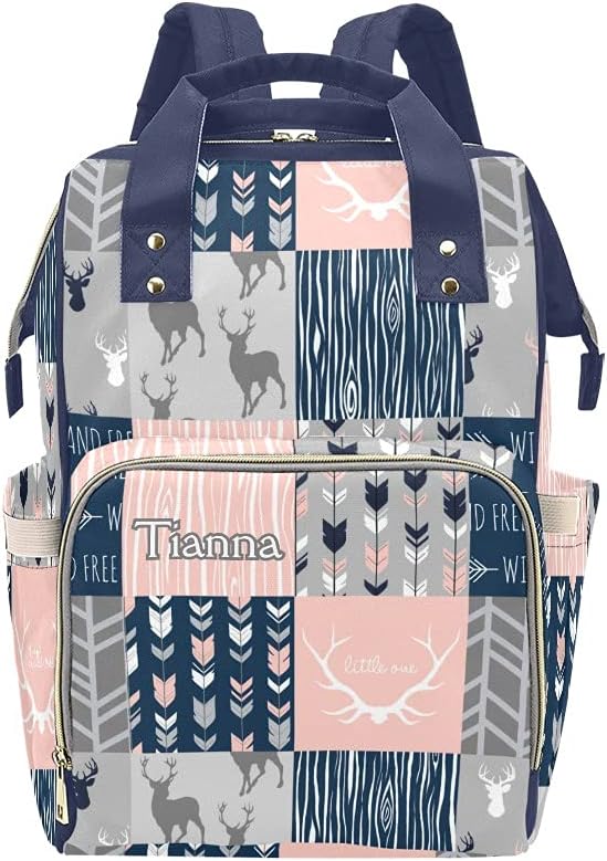 Antlers Elk Deer Feather Arrow Patchwork Blue Diaper Bags with Name Waterproof Mummy Backpack Nappy Nursing Baby Bags Gifts Tote Bag for Women