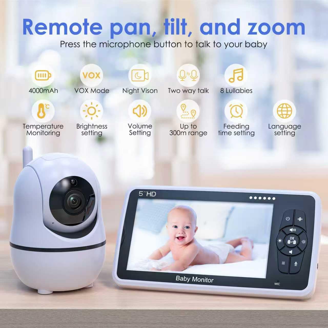 Babystar Baby Monitor with Camera and Audio, 720P HD Resolution 5" Display, Up to 22 Hour Battery, Remote Pan-Tilt-Zoom, No WiFi, VOX, Night Vision, 2-Way Audio, Lullabies, Temperature Sensor