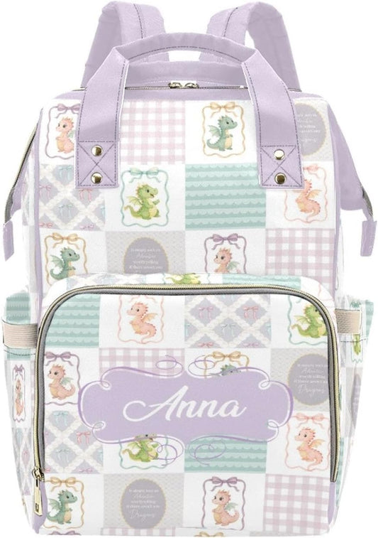 Personalized Cute Dragon Diaper Bag with Name – Custom Baby Bag, Nursing Tote Backpack for Mom, Custom Name Mommy Daypack, Shower Gift for Baby