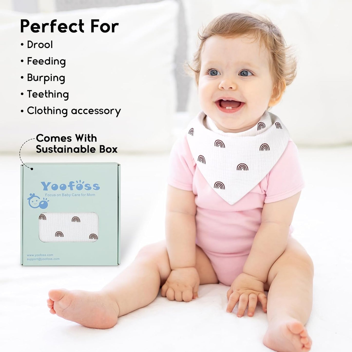Yoofoss Muslin Baby Bibs 10 Pack 100% Organic Cotton 6-Layer Soft Absorbent Drool Bandana Baby Bibs for Drooling and Teething for Boys and Girls, Pink Flower