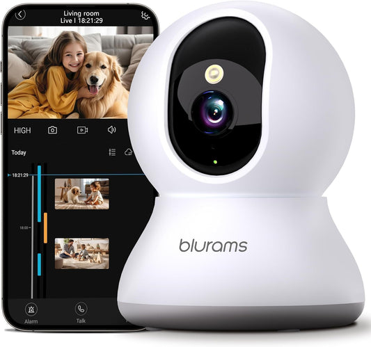 blurams Security Camera 2K, Baby Monitor Dog Camera 360-degree for Home Security w/Smart Motion Tracking, Phone App, IR Night Vision, Siren, Works with Alexa & Google Assistant & IFTTT, 2-Way Audio