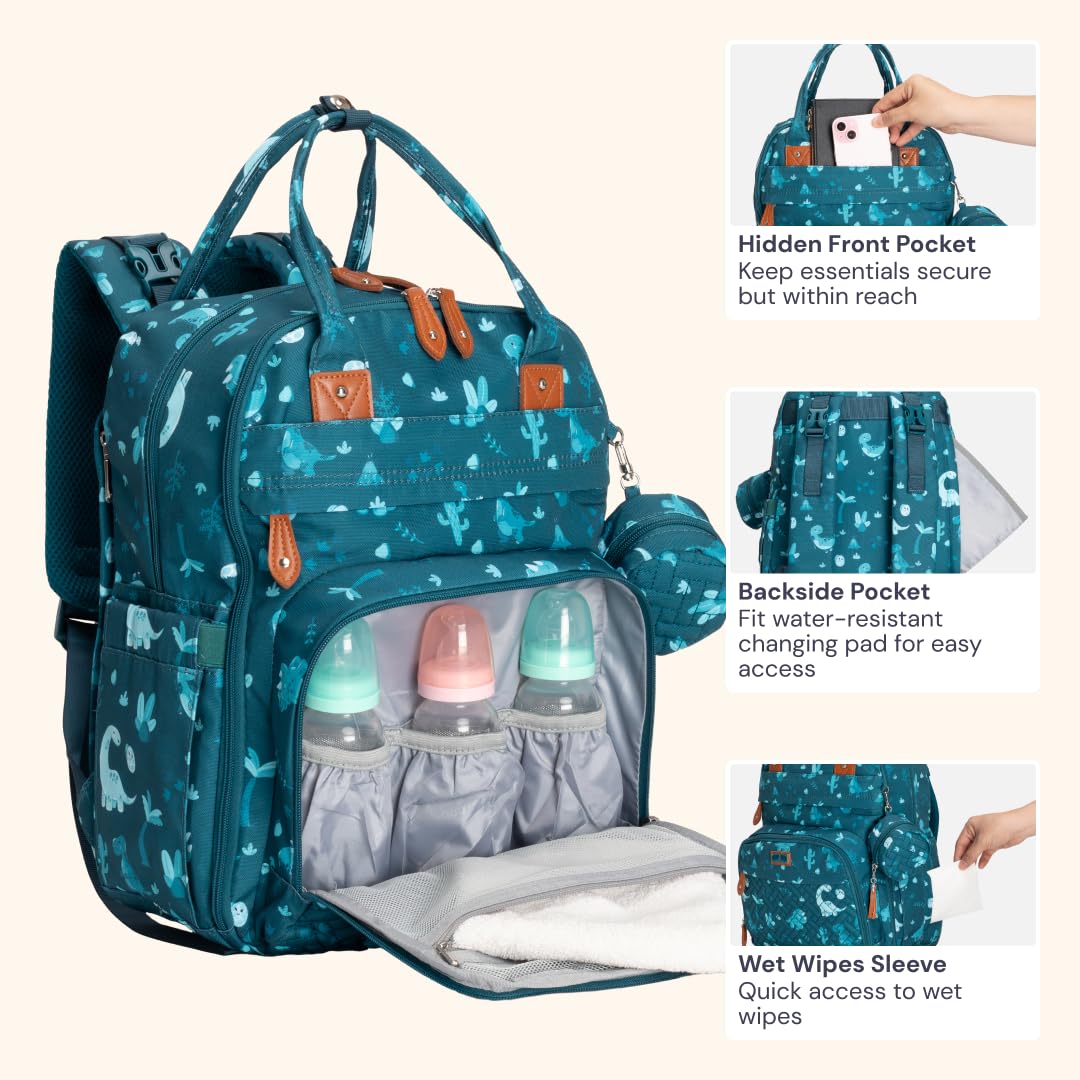 BabbleRoo Diaper Bag Backpack - Baby Essentials Travel Tote - Multi Function Water Resistant Diaper Bag, Travel Essentials Baby Bag with Changing Pad, Stroller Straps & Pacifier Case - Unisex, Dino