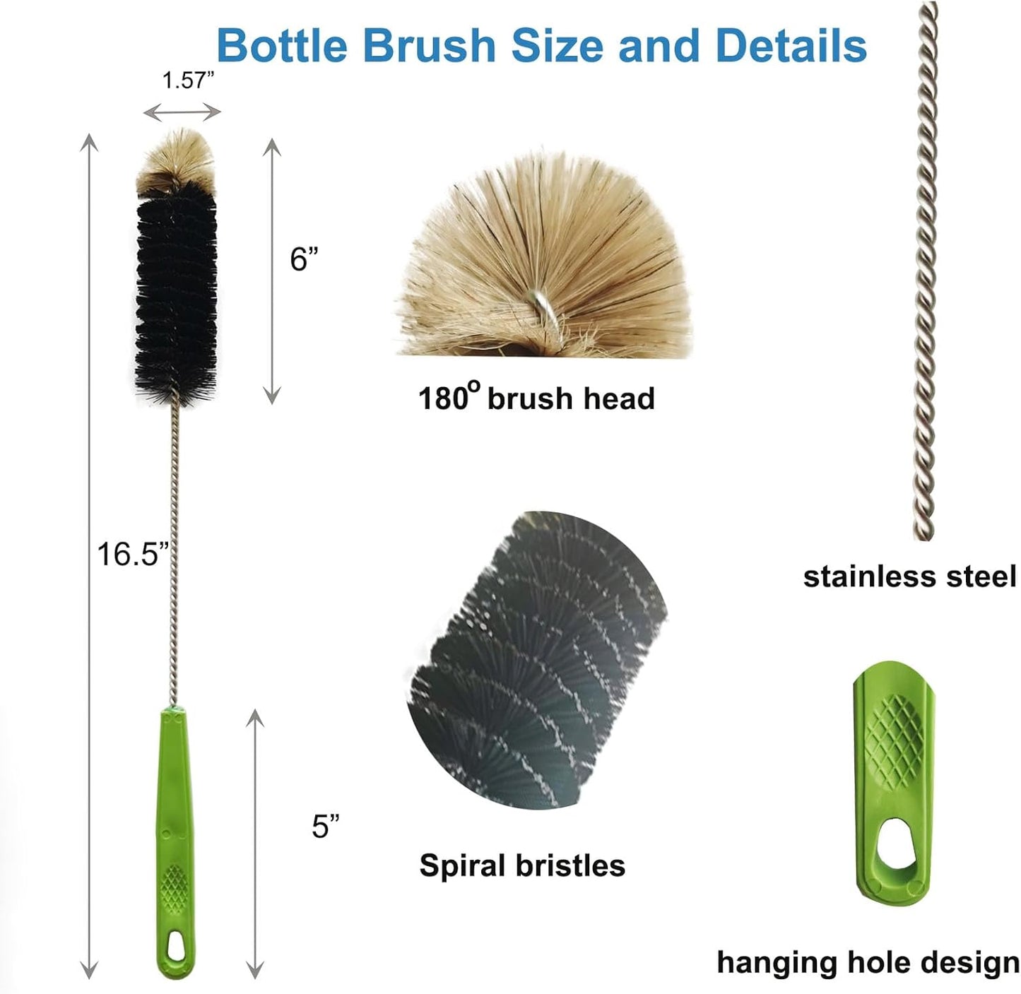 2 Pack 16" Bottle Brush, Dokpod Long Handle Cleaning Brushes for Long Narrow Neck Bottle Cleaning Water Beer Wine Sports Bottle Thermos Flask Bottles Cleaning Hummingbird Feeder Vase Cleaning Brushes