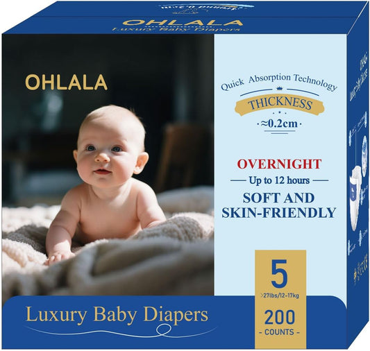 OHLALA Luxury Diapers Size 5 Skin-Friendly & Leakproof | Hypoallergenic | Fragrance-Free | Lightweight | 4 Pack 200counts | 27+ lbs