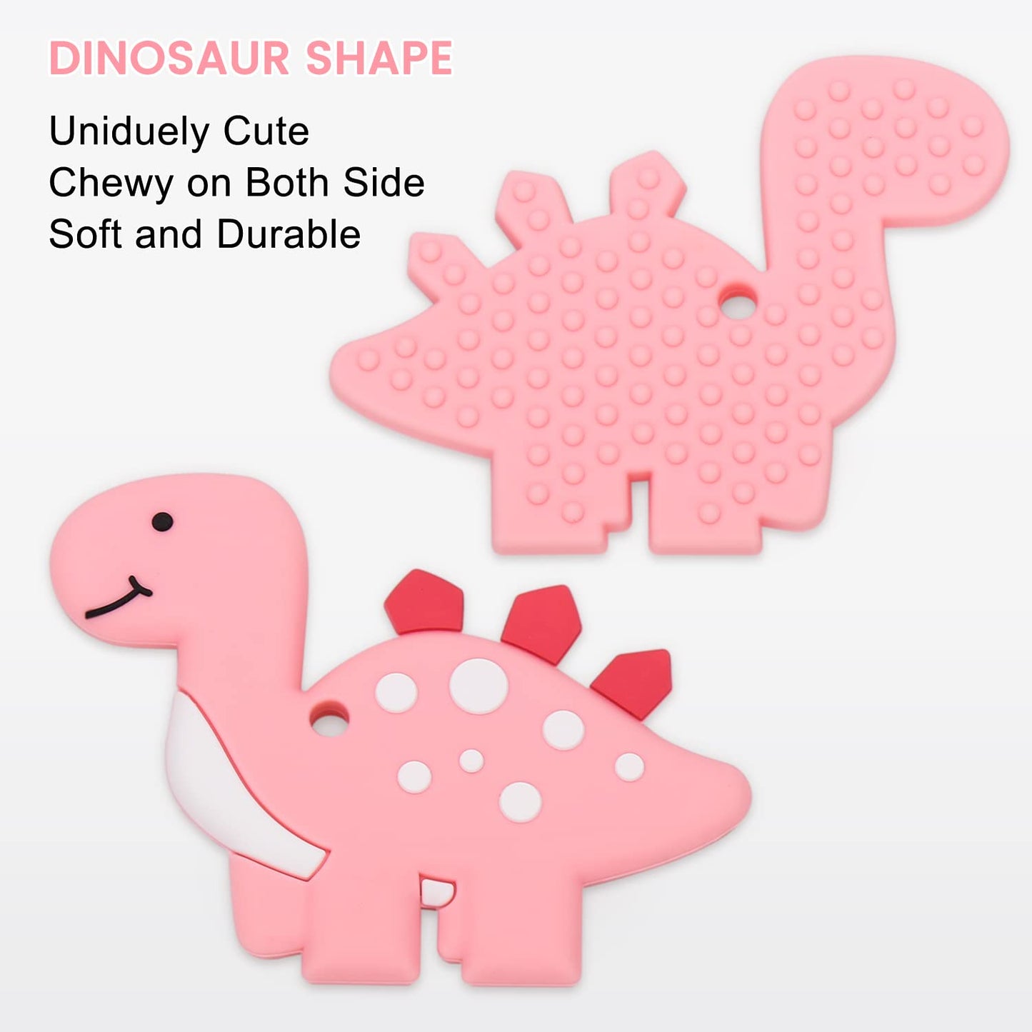Teething Toys for Babies, Baby Teethers with Clip Silicone Teether Toys for Boys and Girls Infant Teething Relief Dinosaur Shape, Pink