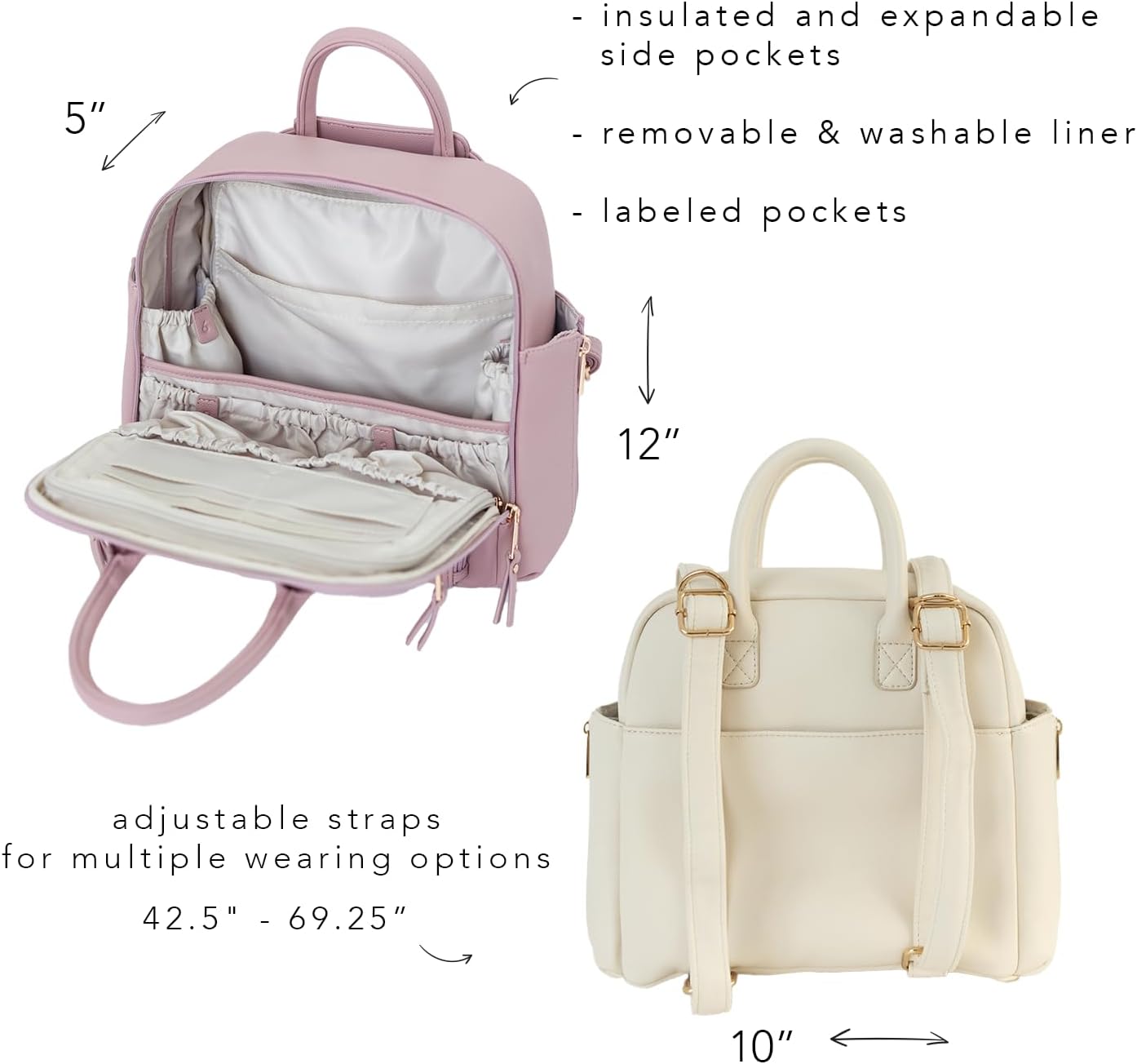 Ayla & Co Mini Bag, Transitional Minimal Diaper Bag, Vegan Leather, with Expandable Pockets, Built-In Wallet, Organizer
