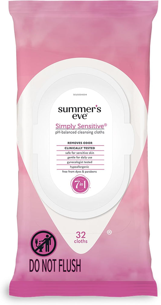 Summer's Eve Simply Sensitive Daily Gentle Feminine Wipes, Removes Odor, pH Balanced, 32 count