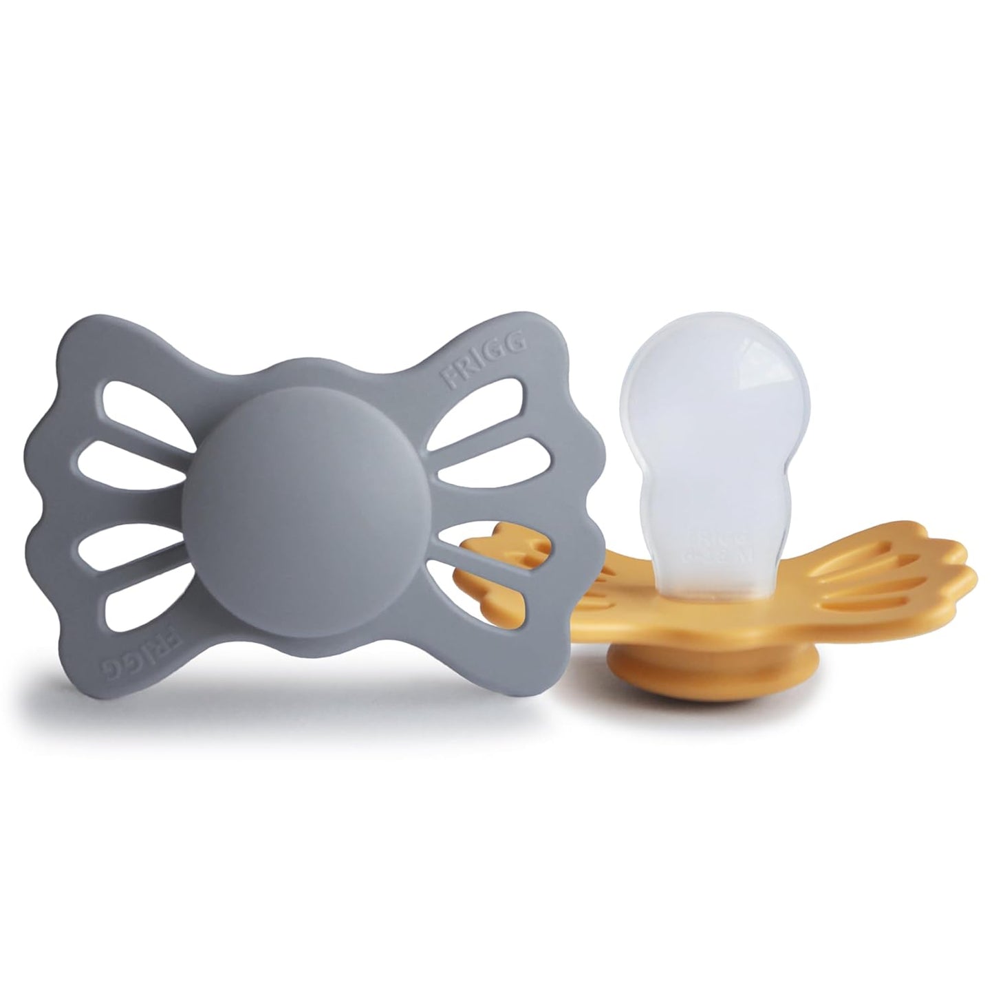 FRIGG Lucky Symmetrical SilkySoft Silicone Baby Pacifier | Made in Denmark | BPA-Free (Great Gray/Honey Gold, 6-18 Months)