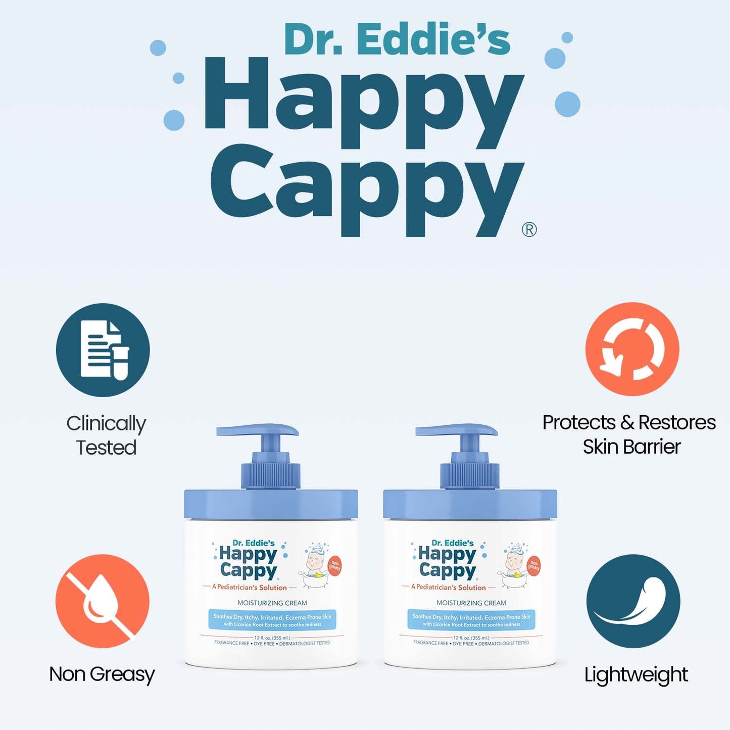 Happy Cappy Moisturizing Cream - Baby Eczema Cream, Eczema Lotion for Kids, Pediatrician-Formulated, Gentle, Paraben Free, Hypoallergenic, Soothes Dry Skin - 12 Fl Oz (Pack of 2)