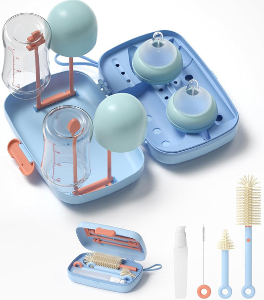 7in1 Travel Bottle Cleaner kit with Baby Bottle Brush and Bottle Drying Rack,Swift Cleaning, Easy Portability(Blue)