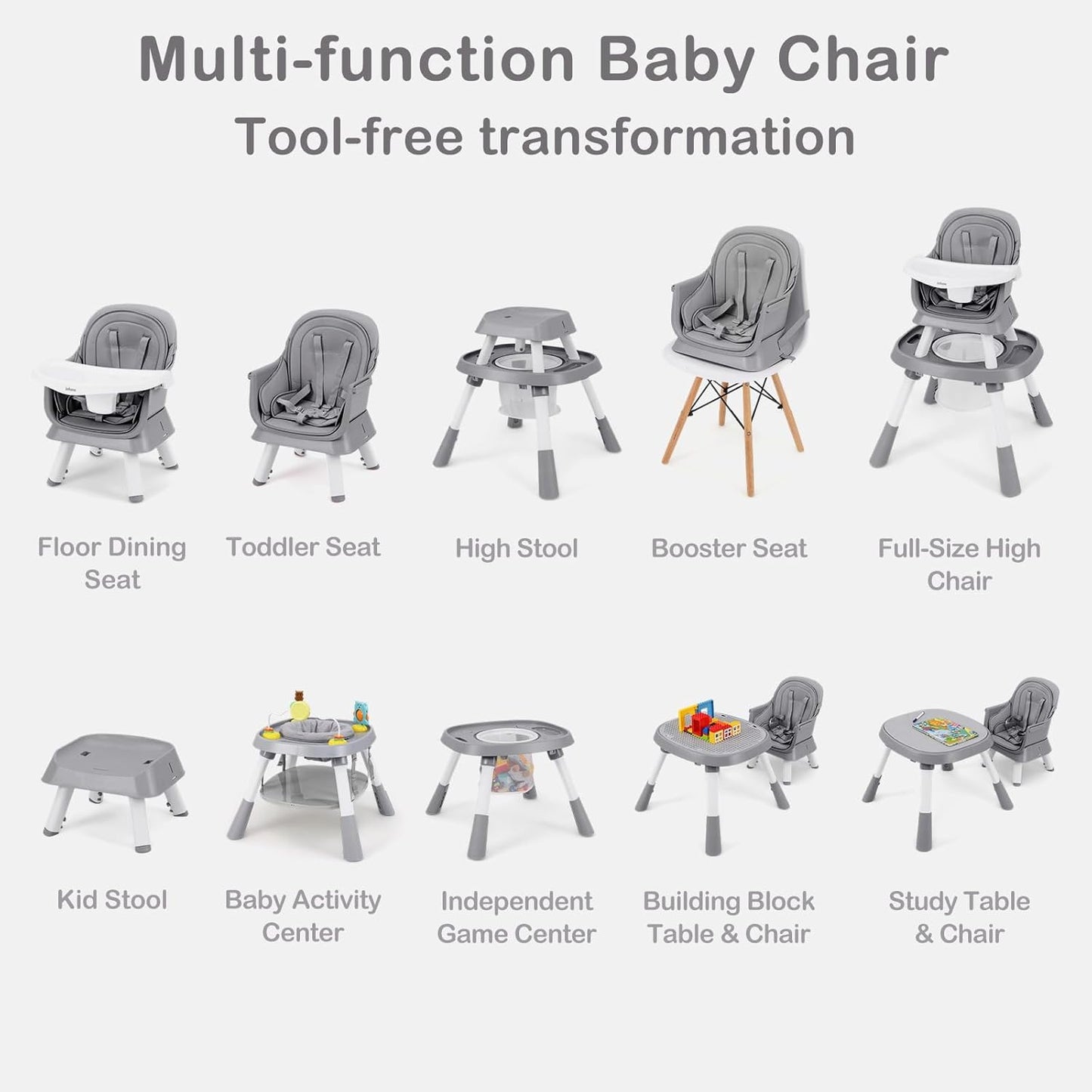 INFANS 9 in 1 High Chair, Convertible Baby Highchair for Babies and Toddlers, Table and Chair Set Building Block Infant Dining Booster Seat, Kids Stool with Activity Children Play Kitchen (Grey)