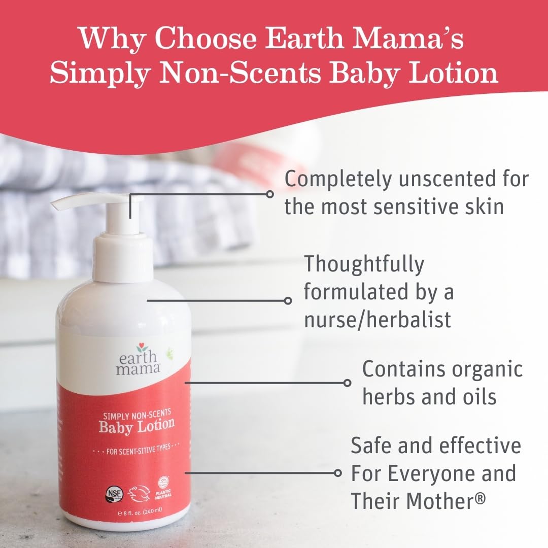 Earth Mama Simply Non-Scents Baby Lotion for Dry Skin, Calendula Cream, Skin Care for Kids, Organic Moisturizer, Unscented Lotion with Aloe, Rooibos, & Shea Butter, 8-Fl oz (2-Pk)