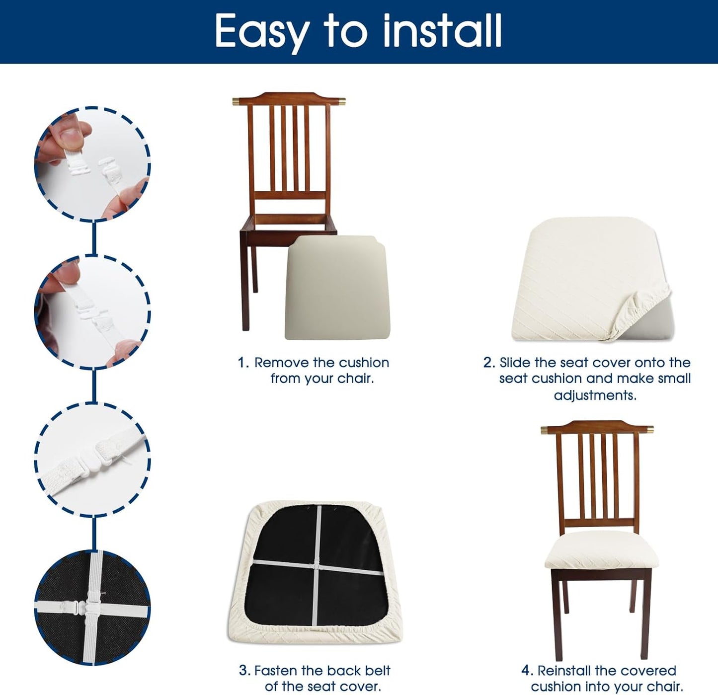 Yikko Chair Seat Covers, High-Density Check Jacquard Ekedalen Seat Covers for Dining Kitchen Restaurant Banquet, Stretch Removable Washable Chair Seat Cushion Protector (4, White)