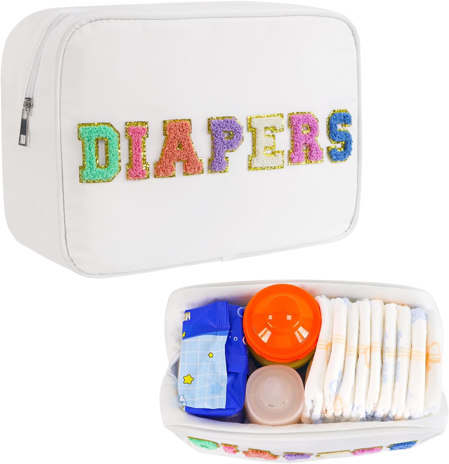 Portable Small Diaper Bag, Chenille Letter Diaper Caddy Organizer Pouch Newborn Baby Essentials Must Haves for Nursery Changing Table, White Waterproof Diaper Pail Baby Shower Gifts for Mom To Be