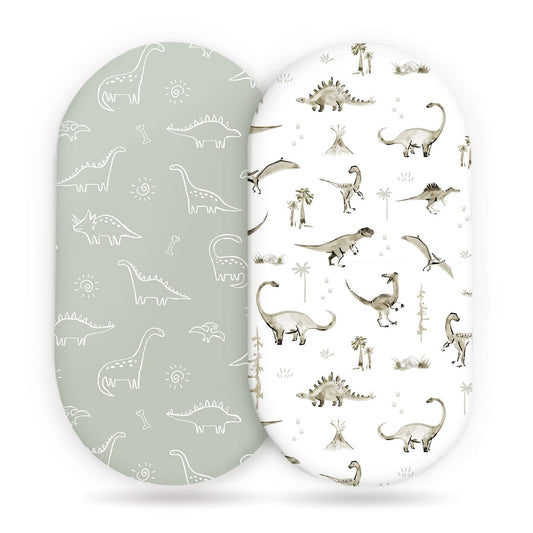Stretch Ultra Soft Fitted Bassinet Sheet Set 2 Pack, Universal Fit for Bassinets Baby Cradle Moses Basket Oval Rectangle Mattress Safe and Snug, Dinosaur