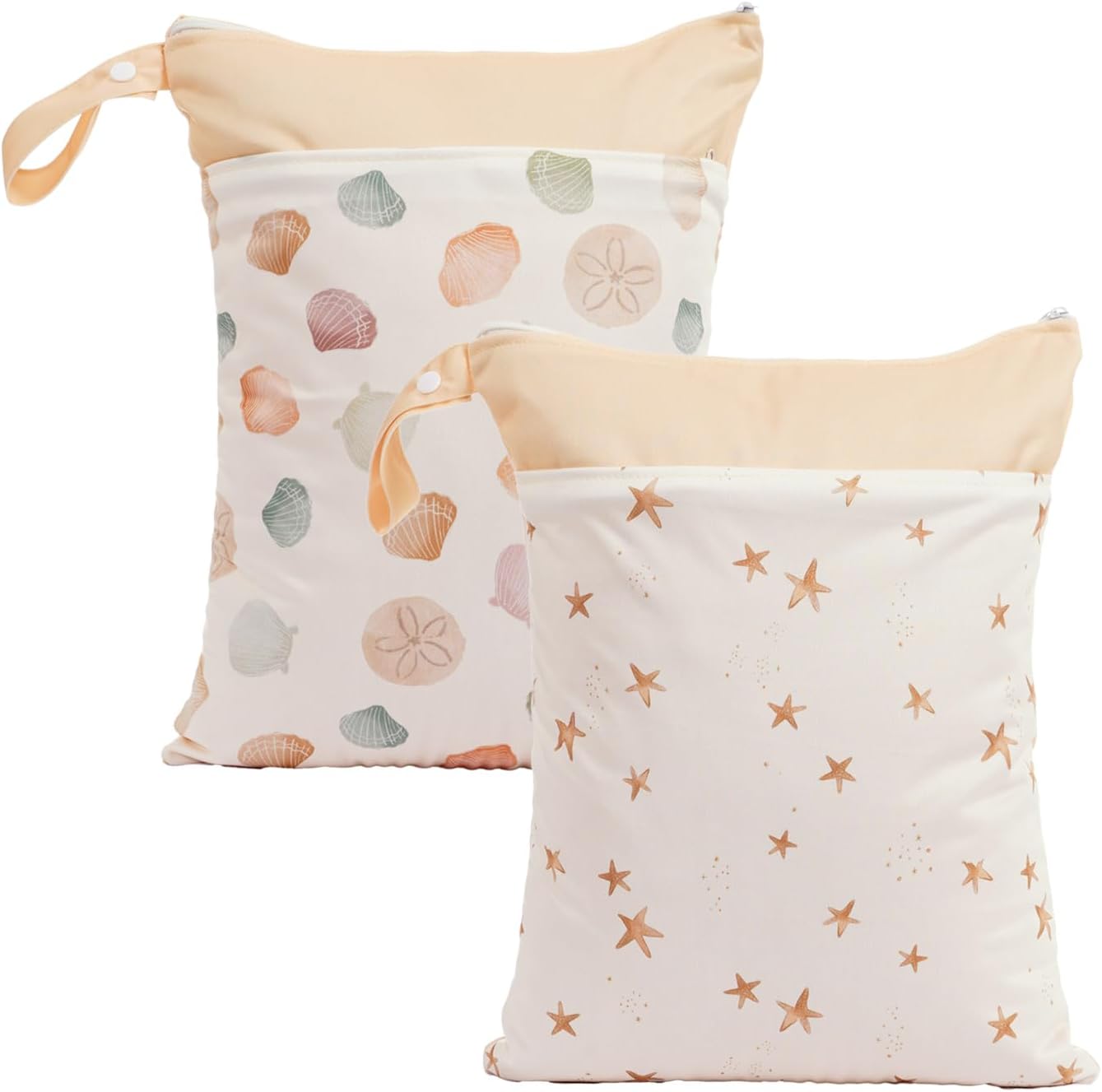 2pcs Wet Bags Waterproof Reusable Wet Dry Bag with Two Zippered Pockets Travel Beach Pool Daycare Yoga Gym Bag for Baby Cloth Diaper,Swimsuits,Wet Clothes (Shells & Starfish)