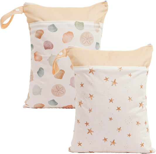 2pcs Wet Bags Waterproof Reusable Wet Dry Bag with Two Zippered Pockets Travel Beach Pool Daycare Yoga Gym Bag for Baby Cloth Diaper,Swimsuits,Wet Clothes (Shells & Starfish)