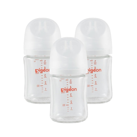Pigeon Glass Nursing Bottle Wide Neck, Nurture & Nest, Anti-Colic, Streamlined Body, Natural Feel, Easy to Clean, Heat-Resistant, 5.4 Oz (Pack of 3), Includes 3pcs Stage 1 Nipples (0m+)