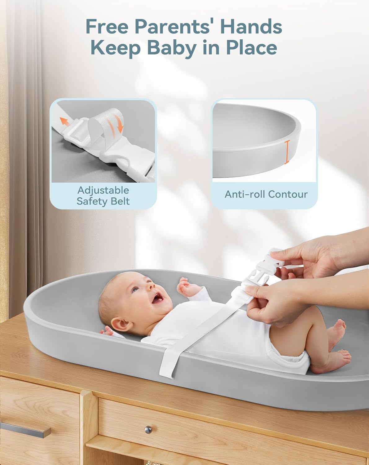 COMOMY Baby Changing Pad for Dresser - Wipeable Changing Pad with Restraining Belt, Waterproof, Soft, Lightweight and Portable, Easy to Clean for On The Go Diaper Change, Light Grey