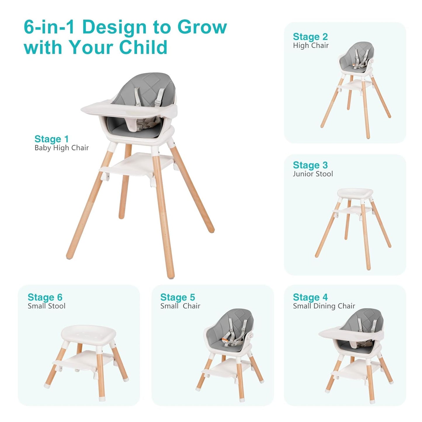 High Chair, 6 in 1 Wooden Convertible High Chairs for Babies and Toddlers, Booster Seat with Double Tray & Reversible Footrest Baby Highchair, 5-Point Harness Baby Feeding Chair, Grey