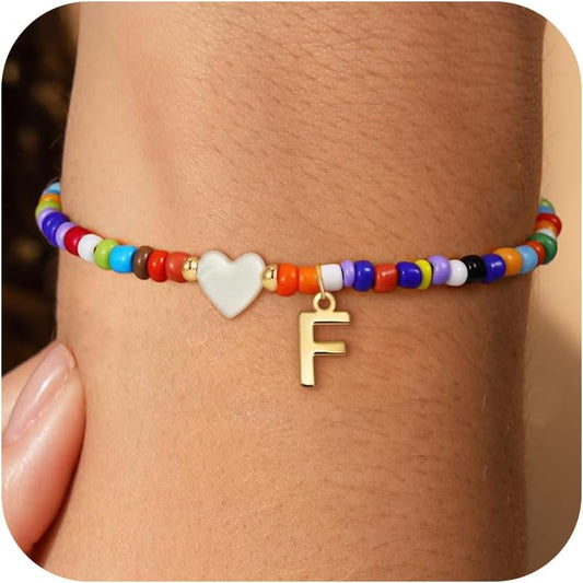 Christmas Gifts for Grandkids Teens Girls - Cute Beaded Heart Initial Bracelets for Women Teen Girl Trendy Stuff, Birthday Gifts Stocking Stuffers for Teen Girls Women Jewelry