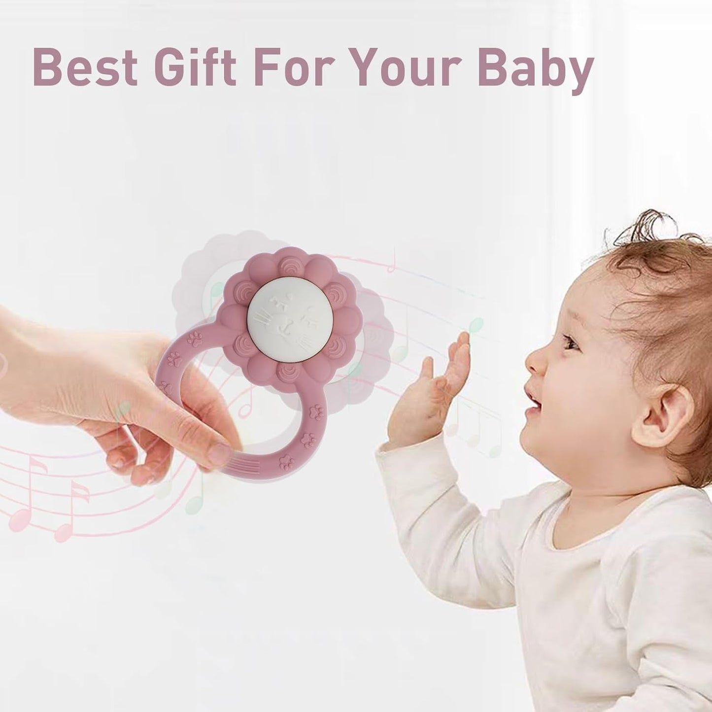 Rattle Teether, Lion Shape Montessori Baby Sensory Teething Toys, Food Grade Silicone BPA Free, Newborn Essentials Must Haves (Daffodil Clay)