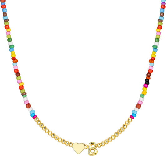 M MOOHAM Stocking Stuffers for Teen Girls Christmas Gifts - Heart Initial Necklaces for Women Kids Colorful Beaded Tiny Heart Initial Choker Necklace Jewelry for Teen Girls Trendy Birthday Gifts