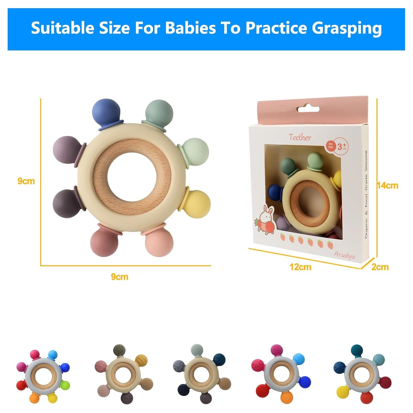 Baby Teething Toys Silicone Teethers BPA Free Silicone Rudder with Wooden Ring Soothe Babies Gums (8 Directions - Gray)