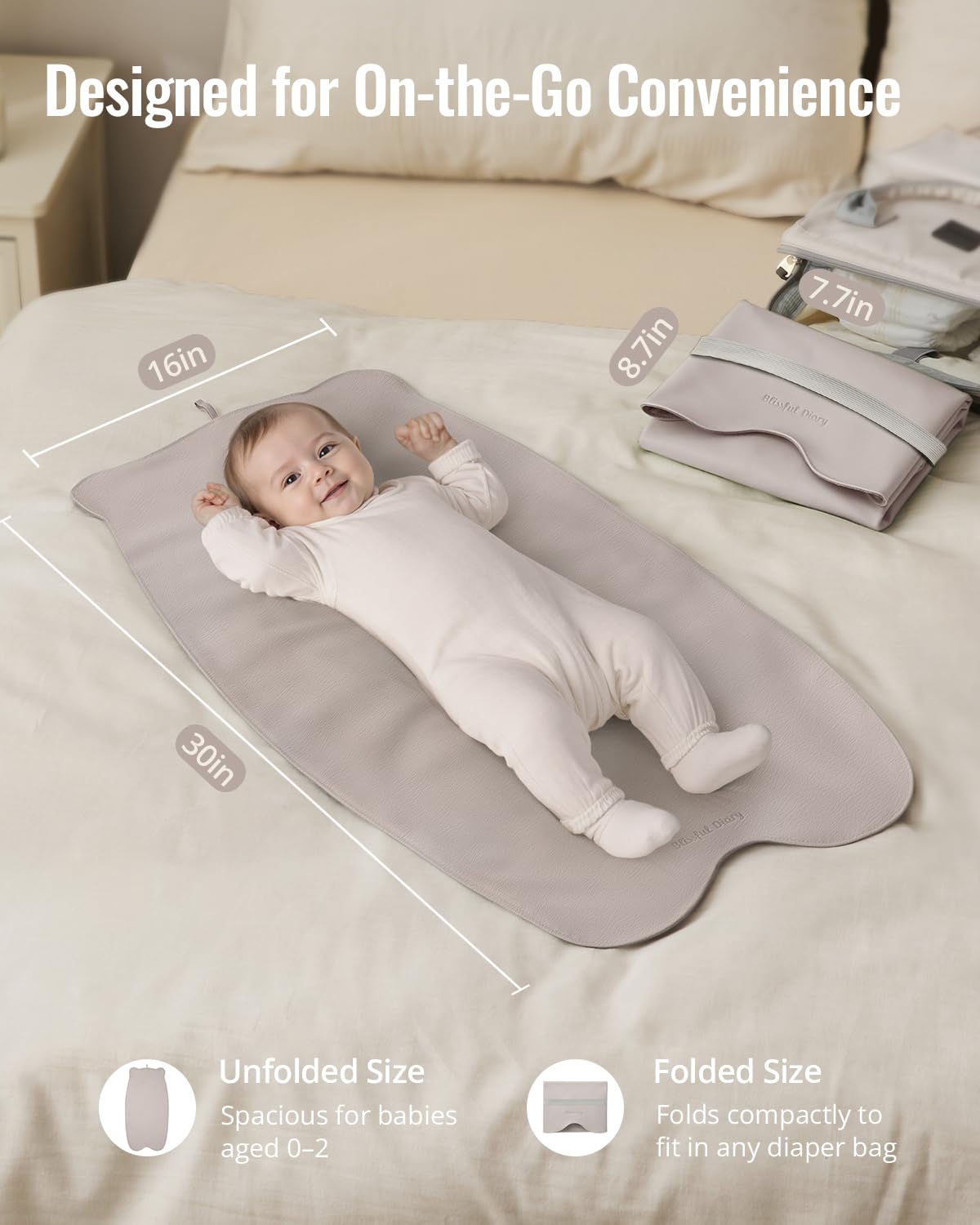Blissful Diary Vegan Leather Portable Changing Pad, Wipeable & Waterproof Baby Change Mat in Diaper Bag, Travel Essential & Registry Gift, Taupe
