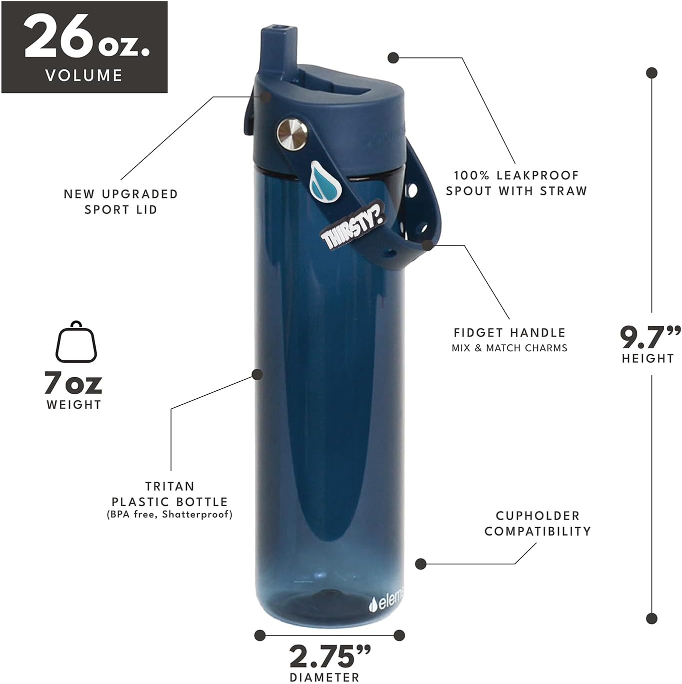 Elemental Splash Water Bottle with Straw - BPA-Free Tritan Plastic Reusable Water Bottle with Charm Strap - Ideal for Travel, Gym and Sports - Leak Proof when Spout is Closed - 26oz - Navy Blue