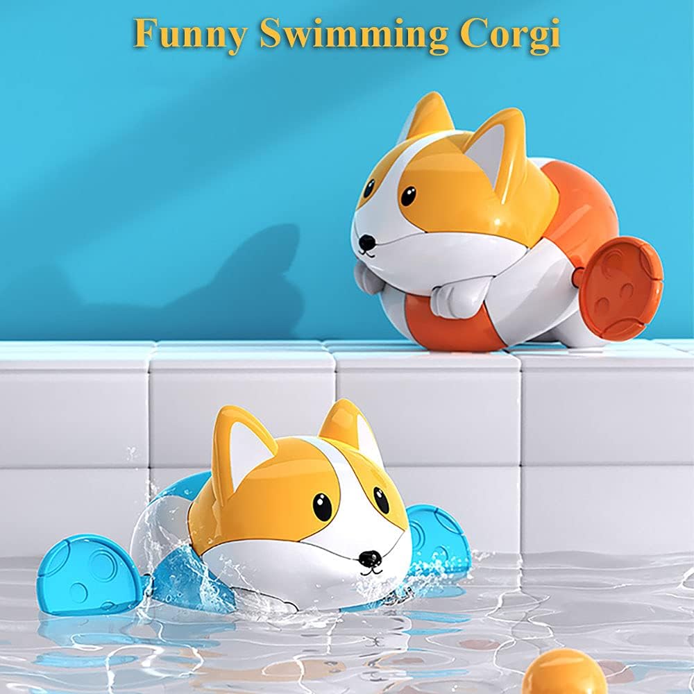 Bath Toy Pull String Corgi Bathtub Toy Windup Swimming Corgi Rowing Puppy Floating Water Toy for Boys and Girls (Orange)