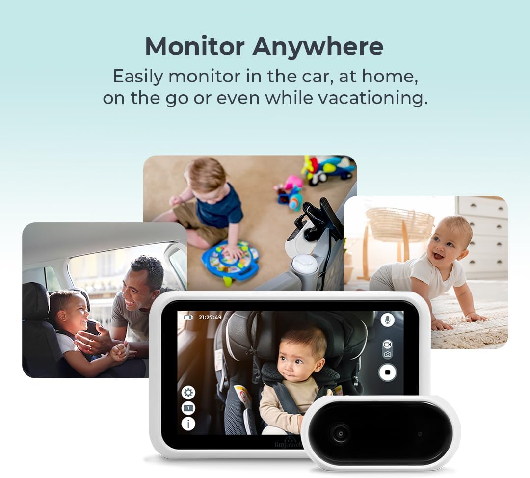 Tiny Traveler 5” HD Touch Screen Baby Car Monitor – Hackproof, No WiFi Baby Camera for Travel Home – Rear-Facing Car Seat Monitor with Night Vision Headrest or Clamp Mount Baby Reminder Alert White