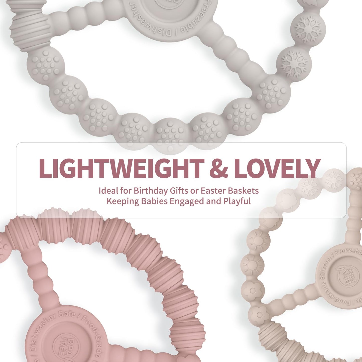 Teething Rings for Babies 0-6 Months, 3 Pack Silicone Teether Toys 6-12 Months, Freezable & Durable Chew Ring for 3-6 Months Boys Girls Teething Relief, Infant Essential Gifts (Sandy Rose Pink)