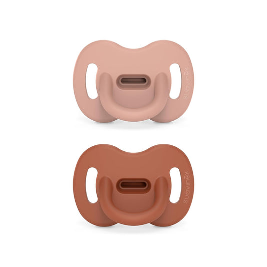 Color Essence SX PRO Silicone Baby Pacifier 2Pk, Made with 100% Soft Silicone, Baby Essentials Perfect for Breastfeeding Babies, Designed in Spain, 6-18 Mths, Nude/Orange